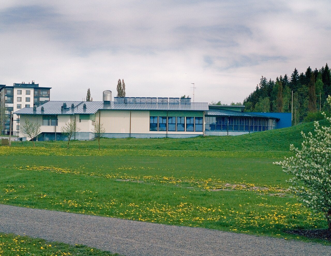 Kaarinan uimahallin vaalea rakennus nurmikentän takana