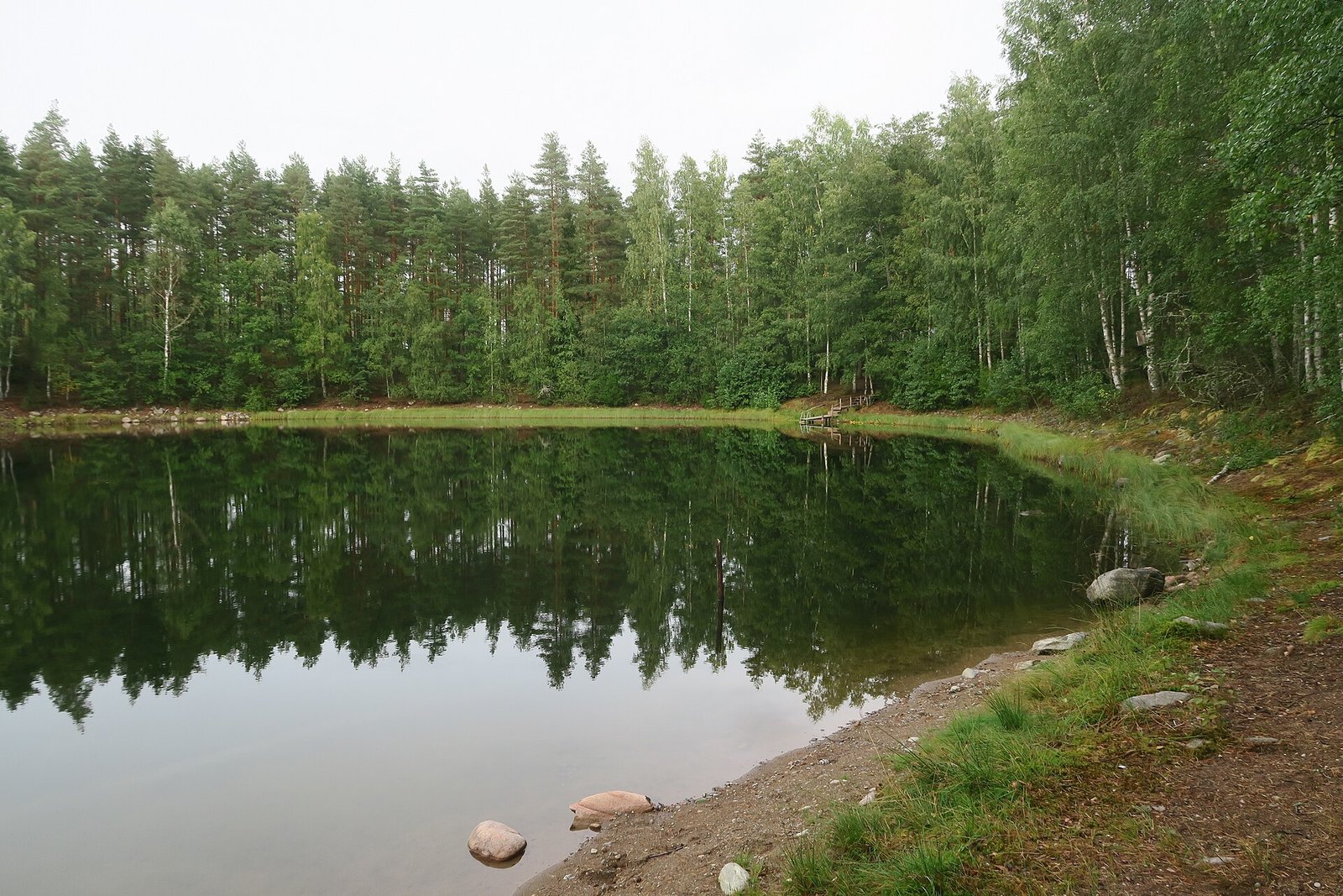 Laskujoeton suppajärvi metsän ympäröimänä