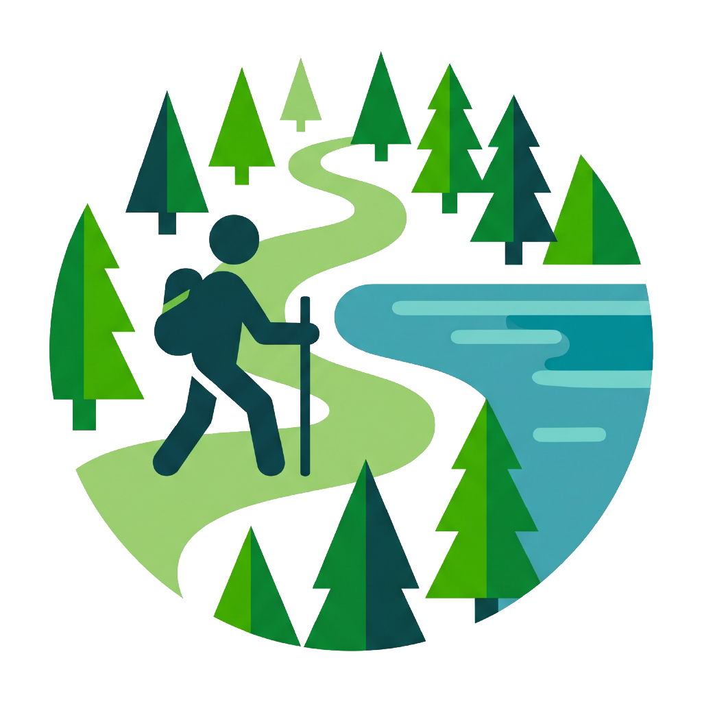Retkikohteet.fi-logo: vaeltaja metsässä järven rannalla